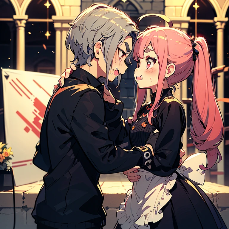 Girl with pink hair, long double-tailed hairstyle (small pink bushy eyebrows), dressed in gothic lolita clothes, lolicon (Zankuro) drawing style by zankuro artist, Zancro style, image uploaded to R34, (in a church full of people), flirtatious smile, suddenly having sex in public, ((squinted eyes, red cheeks and drooling)) hands on belly,( begging for sex), wearing a wedding dress