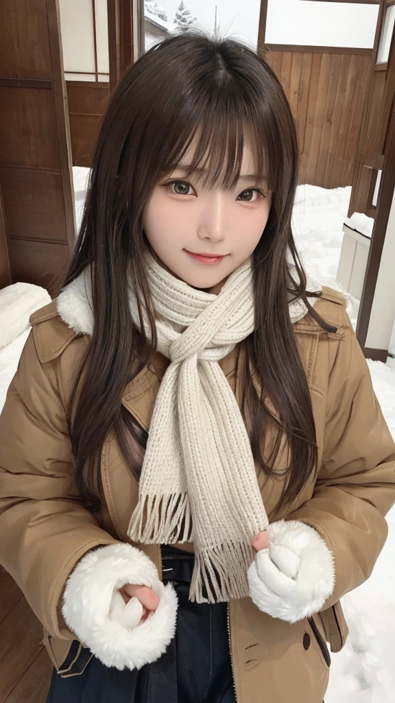 (Best image quality、8K、masterpiece:1.3))、Realistic high quality photos、highest quality、Cute girl~Well-proportioned face、21歳の美しい日本のTwo Girls、Two Girls,two girl,Photos of slim models、Beautiful girl model、若いJapanese girl、Young and pretty face、Japanese girl、21 year old female model、Beautiful model girl、The innocent look of the girl next door、Nice delicate face、brown hair、Beautiful brown eyes、Tear bags、Drooling eyes、Young Body、coat, scarf, gloves, winter, snow,A smile that shows white teeth