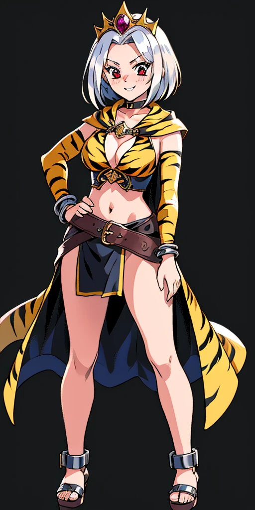 ((BLACK BACKGROUND 1:2, masterpiece)) 1solo female full body MILF BIMBO standing straight symmetrical with two long thighs and two metal sandals,
red eyes like rubies, eye focus looking to the viewer, silver white hair, short bob style hair,
big knockers breastplate, breastplate, cleavage,
tiara royal,
long cape up to two feet,
yellow bikini (yellow tiger stripes),
lustful smirking smiling, smile face (red blushed, red cheeks),
pauldrons metal shoulders, gold sleeveless bracelets, separate sleeves, hands on waist hands OR hips, golden bracers, metal handcuffs,
leather corset, red loincloth,
black leather choker slave collar, shackles bracelets,
slave red crest under navel, navel, big belt around waist OR hips,
feet together, metal ankle, two long thighs and two metal sandals