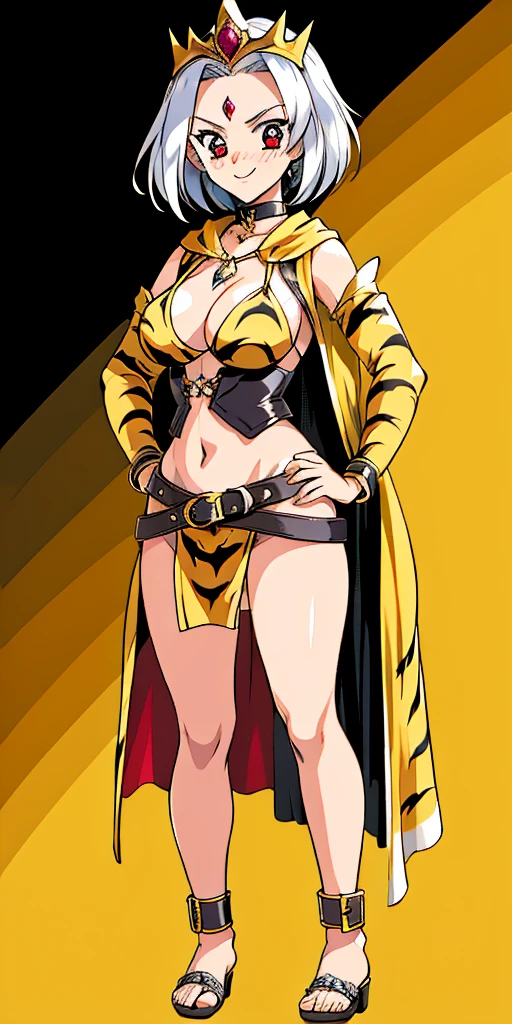 ((BLACK BACKGROUND 1:2, masterpiece)) 1solo female full body MILF BIMBO standing straight symmetrical with two long thighs and two metal sandals,
red eyes like rubies, eye focus looking to the viewer, silver white hair, short bob style hair,
big knockers breastplate, breastplate, cleavage,
tiara royal,
long cape up to two feet,
yellow bikini (yellow tiger stripes),
lustful smirking smiling, smile face (red blushed, red cheeks),
pauldrons metal shoulders, gold sleeveless bracelets, separate sleeves, hands on waist hands OR hips, golden bracers, metal handcuffs,
leather corset, red loincloth,
black leather choker slave collar, shackles bracelets,
slave red crest under navel, navel, big belt around waist OR hips,
feet together, metal ankle, two long thighs and two metal sandals