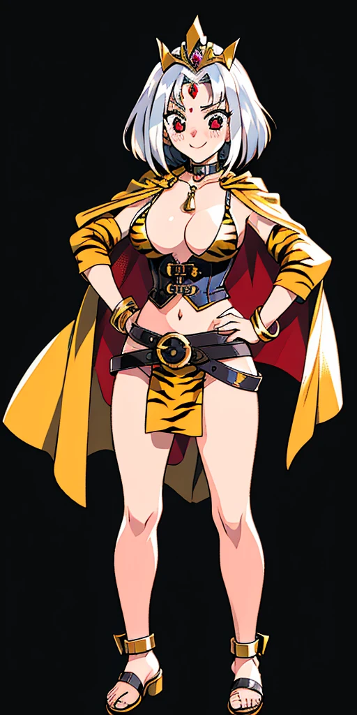 ((BLACK BACKGROUND 1:2, masterpiece)) 1solo female full body MILF BIMBO standing straight symmetrical with two long thighs and two metal sandals, 
red eyes like rubies, eye focus looking to the viewer, silver white hair, short bob style hair, 
big knockers breastplate, breastplate, cleavage, 
tiara royal, 
long cape up to two feet, 
yellow bikini (yellow tiger stripes), 
lustful smirking smiling, smile face (red blushed, red cheeks), 
pauldrons metal shoulders, gold sleeveless bracelets, separate sleeves, hands on waist hands OR hips, golden bracers, metal handcuffs, 
leather corset, red loincloth, 
black leather choker slave collar, shackles bracelets, 
slave red crest under navel, navel, big belt around waist OR hips,
feet together, metal ankle, two long thighs and two metal sandals