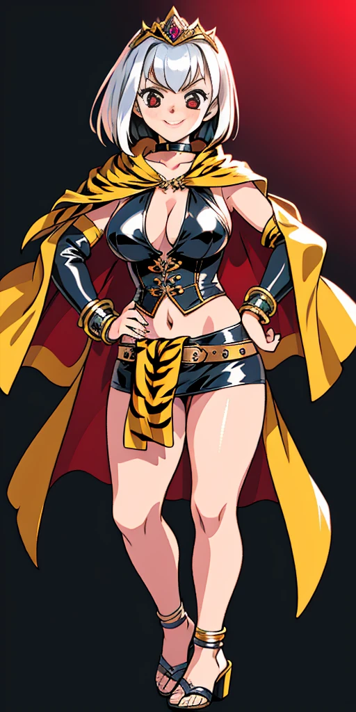 ((BLACK BACKGROUND 1:2, masterpiece)) 1solo female full body MILF BIMBO standing straight symmetrical with two long thighs and two metal sandals, 
red eyes like rubies, eye focus looking to the viewer, silver white hair, short bob style hair, 
big knockers breastplate, breastplate, cleavage, 
tiara royal, 
long cape up to two feet, 
yellow bikini (yellow tiger stripes), 
lustful smirking smiling, smile face (red blushed, red cheeks), 
pauldrons metal shoulders, gold sleeveless bracelets, separate sleeves, hands on waist hands OR hips, golden bracers, metal handcuffs, 
leather corset, red loincloth, 
black leather choker slave collar, shackles bracelets, 
slave red crest under navel, navel, big belt around waist OR hips,
feet together, metal ankle, two long thighs and two metal sandals