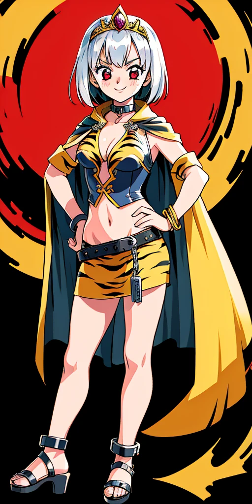 ((BLACK BACKGROUND 1:2, masterpiece)) 1solo female full body MILF BIMBO standing straight symmetrical with two long thighs and two metal sandals, 
red eyes like rubies, eye focus looking to the viewer, silver white hair, short bob style hair, 
big knockers breastplate, breastplate, cleavage, 
tiara royal, 
long cape up to two feet, 
yellow bikini (yellow tiger stripes), 
lustful smirking smiling, smile face (red blushed, red cheeks), 
pauldrons metal shoulders, gold sleeveless bracelets, separate sleeves, hands on waist hands OR hips, golden bracers, metal handcuffs, 
leather corset, red loincloth, 
black leather choker slave collar, shackles bracelets, 
slave red crest under navel, navel, big belt around waist OR hips,
feet together, metal ankle, two long thighs and two metal sandals