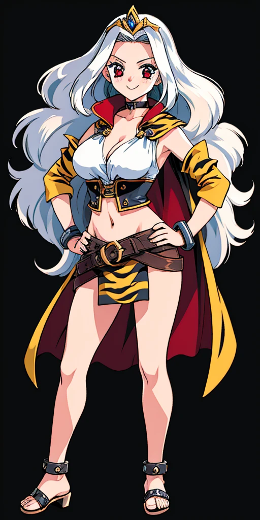 ((BLACK BACKGROUND 1:2, masterpiece)) 1solo female full body MILF BIMBO standing straight symmetrical with two long thighs and two metal sandals, 
red eyes like rubies, eye focus looking to the viewer, silver white hair, short bob style hair, 
big knockers breastplate, breastplate, cleavage, 
tiara royal, 
long cape up to two feet, 
yellow bikini (yellow tiger stripes), 
lustful smirking smiling, smile face (red blushed, red cheeks), 
pauldrons metal shoulders, gold sleeveless bracelets, separate sleeves, hands on waist hands OR hips, golden bracers, metal handcuffs, 
leather corset, red loincloth, 
black leather choker slave collar, shackles bracelets, 
slave red crest under navel, navel, big belt around waist OR hips,
feet together, metal ankle, two long thighs and two metal sandals