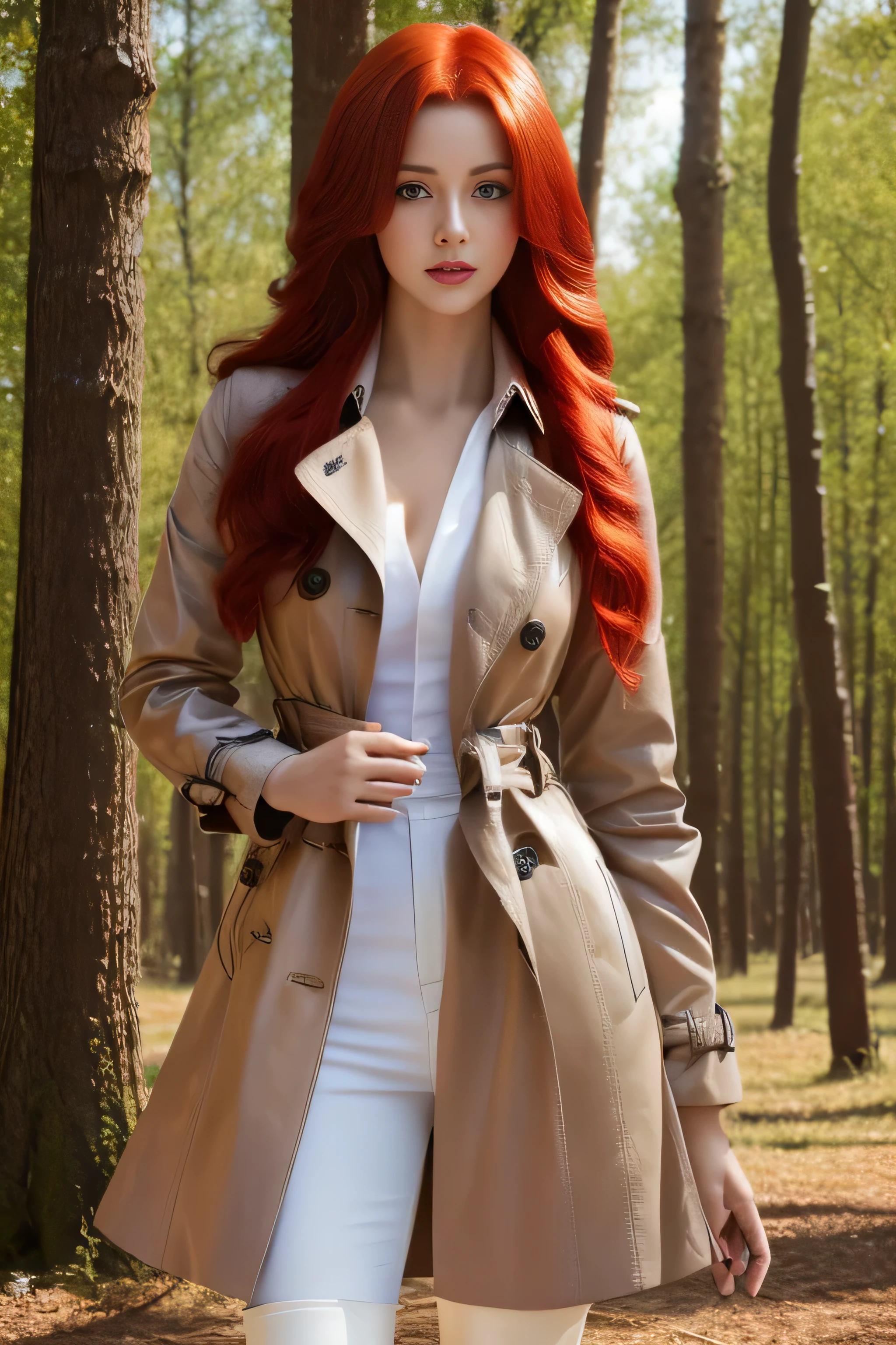 (An English girl:1.2),Oval face,(27 years old:1.5), (Mature),(mature),(Red Hair, Long hair:1.9), (breast:1.3)，(Perfect lighting:1.5), (redLong hair:1.9)，(Beautifully detailed ice blue eyes:1.3)，(Exquisite and detailed Ice blue eyes:1.3), photo,Standing,(Forest background:1.3),(red trench coat:1.9),(Red tie),(red tie),(Black shirt:1.4), (Black high-waisted straight leg jeans :1.5), (White over-the-knee leather boots:1.4), (white over-the-knee leather boots :1.4),(masterpiece)，best quality，8K resolution，close up，(Extreme HD)，((Ultra-high resolution))，((Ultra HD))，((Very detailed pictures))，(Ultra HD Wallpaper)，Realistic photo，High quality shadows，Highlight light and dark，Realistic lighting effects，Movie Lighting，multiple colour，8kmasterpiece，masterpiece，Key Light，acrylic paint，Portrait of a beautiful girl，