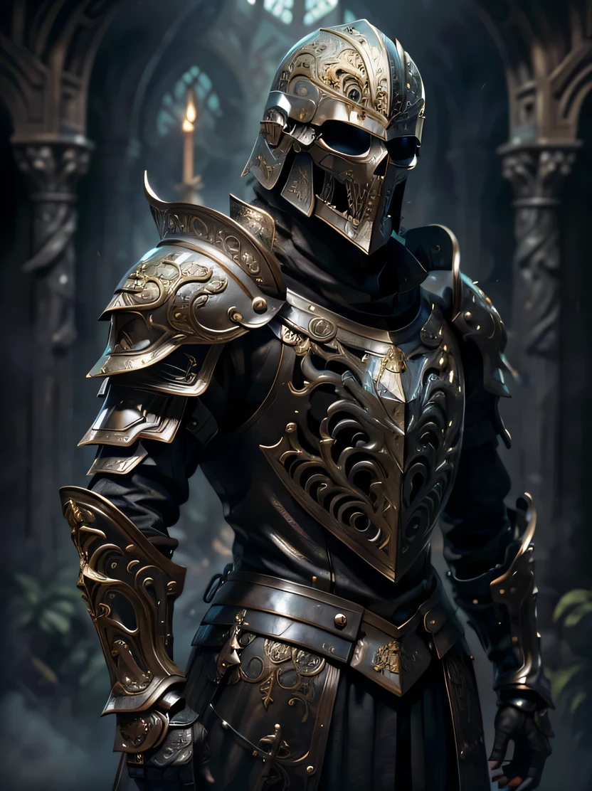 ((masterpiece、highest quality、Genuine、Very detailed、High resolution、Sharp focus、Photorealistic、Cinematic lighting))、Baroque、((One man、Skinhead))、Roman armour of the Middle Ages、worn armor、Full-face helmet、Skull-shaped helmet、Warriors、middle ages、Dynamic Action、Combat Stance、Detailed hand drawing、medieval armor、skull