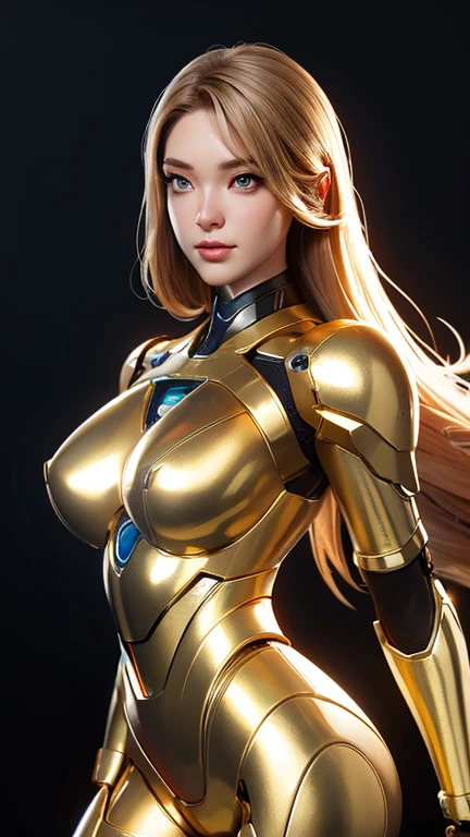 medium long body shot of beautiful cyborg girl in shiny gold armor suit, beautiful cyborg girl pinup, cute cyborg girl, hyperrealistic fantasy art,  beautiful white girl cyborg, broken beautiful female android, sci-fi fantasy art, detailed sci-fi art, Atmosphere sci-fi movies background