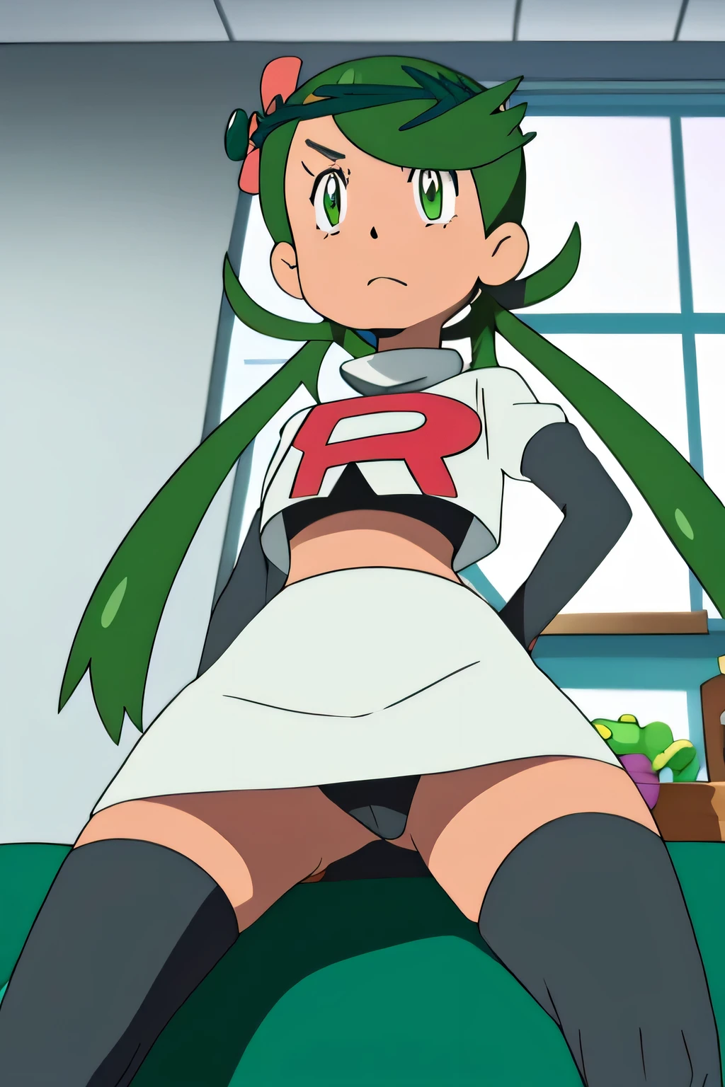 masterpiece,best quality,high res,high quality,8k, masterpiece,highres, team rocket uniform, red letter r, white skirt,white crop top,black thigh-high boots, black elbow gloves, glaring angrily, looking down at viewer, hands on hips, cowboy shot, zettai ryouiki,spread legs,from below, black panties,anime style, vivid colors, sharp focus, intense lighting,,defMallow, dark skin, hair flower, hair ornament,twintails, green hair