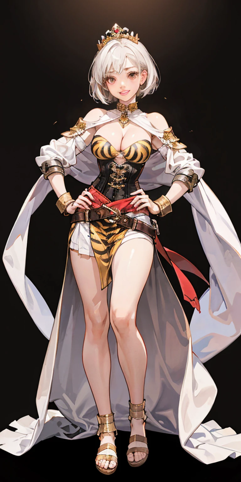 ((BLACK BACKGROUND 1:2, masterpiece)) 1solo female full body MILF BIMBO standing straight symmetrical with two long thighs and two metal sandals,
red eyes like rubies, eye focus looking to the viewer, silver white hair, short bob style hair,
big knockers breastplate, breastplate, cleavage,
tiara royal,
long cape up to two feet,
yellow bikini (yellow tiger stripes),
lustful smirking smiling, smile face (red blushed, red cheeks),
pauldrons metal shoulders, gold sleeveless bracelets, separate sleeves, hands on waist hands OR hips, golden bracers, metal handcuffs,
leather corset, red loincloth,
black leather choker slave collar, shackles bracelets,
slave red crest under navel, navel, big belt around waist OR hips,
feet together, metal ankle, two long thighs and two metal sandals