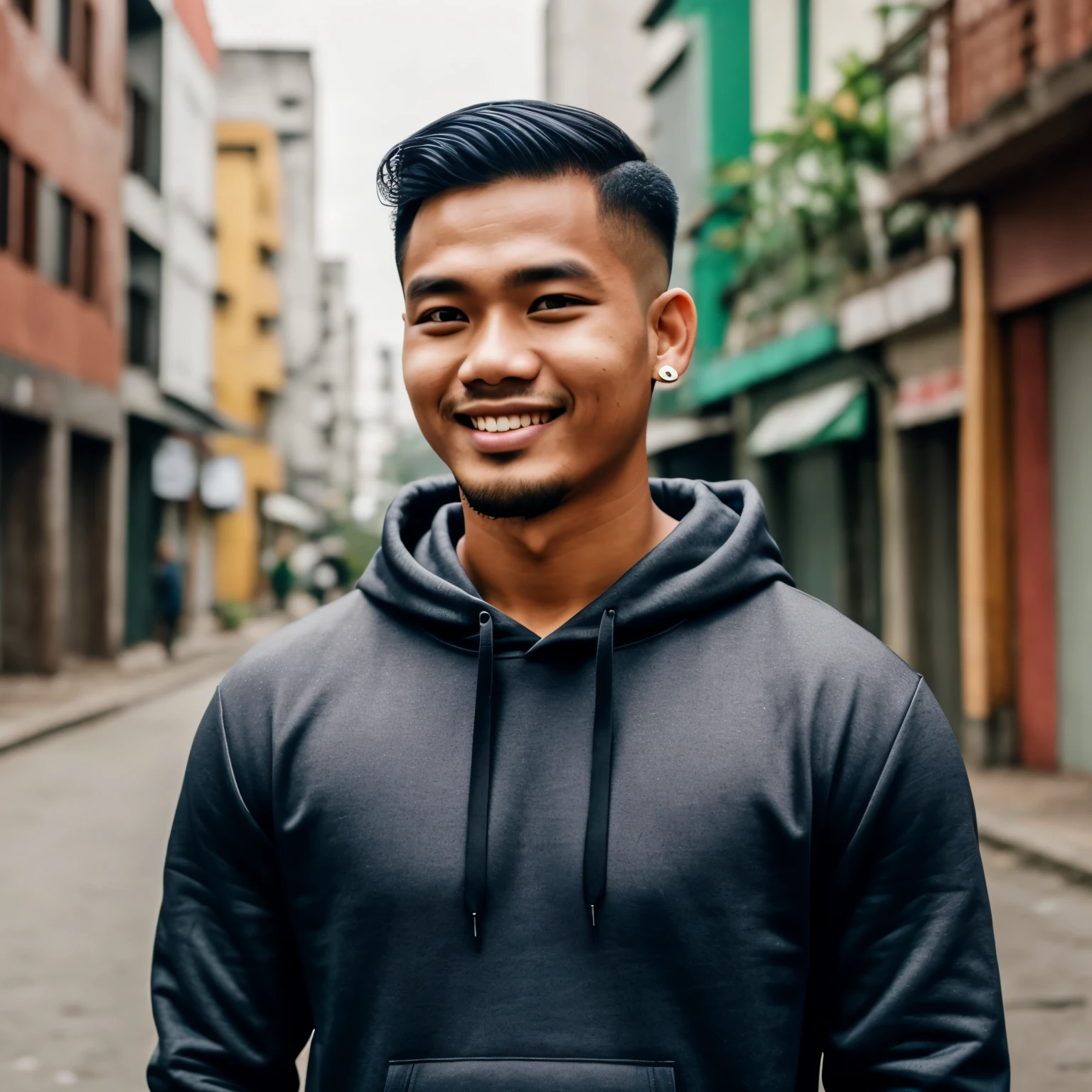Indonesian handsome man with undercut hair wearing a hoodie. urban background. smile