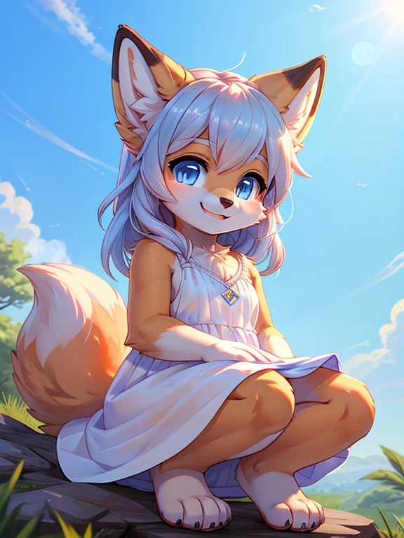 Character portrait、whole body、Toes、 Girl、White dress、The fur is sky blue、Has light blue eyes、looking at me and smiling