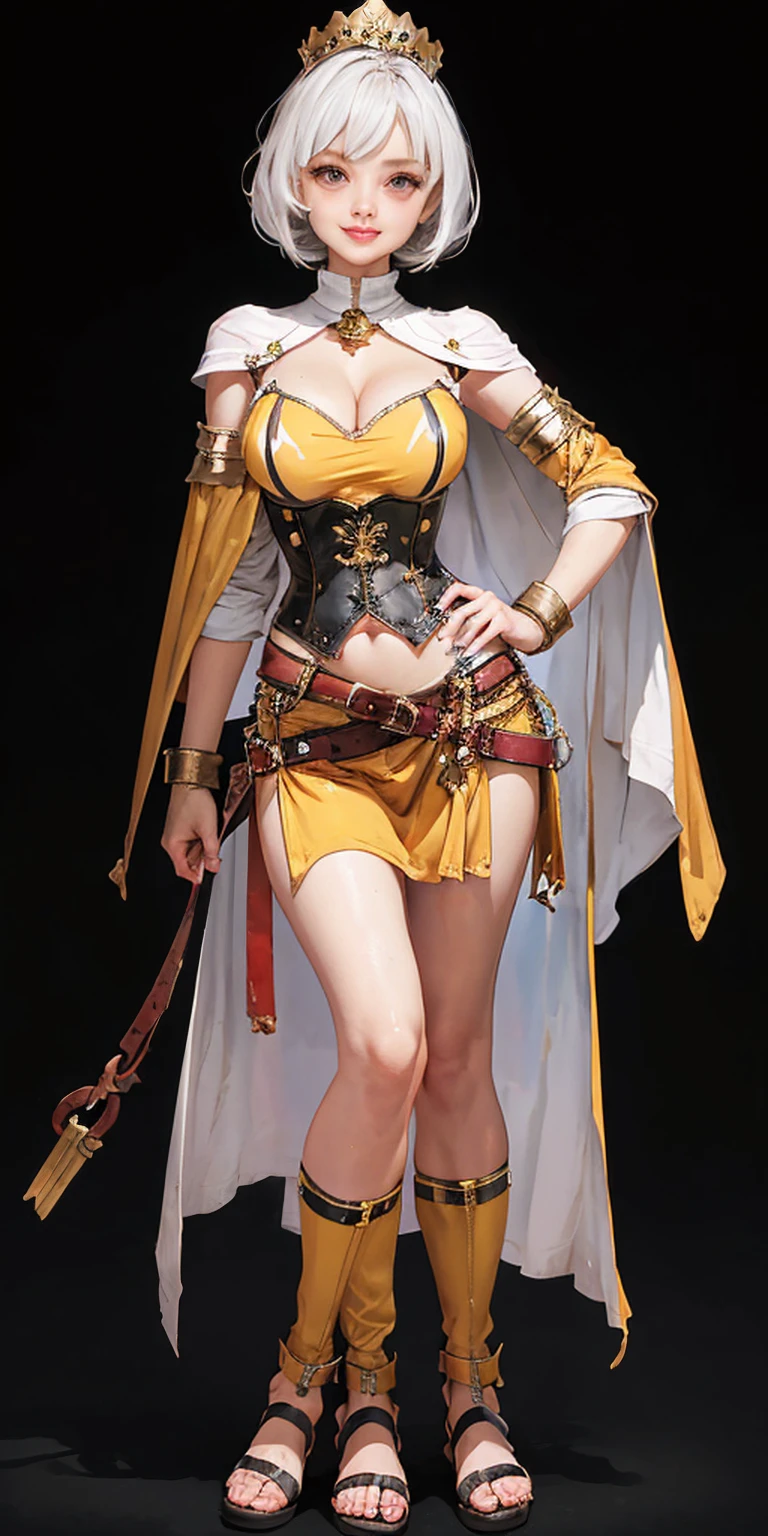 ((BLACK BACKGROUND 1:2, masterpiece)) 1solo female full body MILF BIMBO standing straight symmetrical with two long thighs and two metal sandals, red eyes like rubies, eye focus looking to the viewer, silver white hair, short bob style hair, big knockers breastplate, breastplate, cleavage, tiara royal, long cape up to two feet, yellow bikini (yellow tiger stripes), lustful smirking smiling, smile face (red blushed, red cheeks), pauldrons metal shoulders, gold sleeveless bracelets, separate sleeves, hands on waist hands OR hips, golden bracers, metal handcuffs, leather corset, red loincloth, black leather choker slave collar, shackles bracelets, slave red crest under navel, navel, big belt around waist OR hips, feet together, metal ankle, two long thighs and two metal sandals