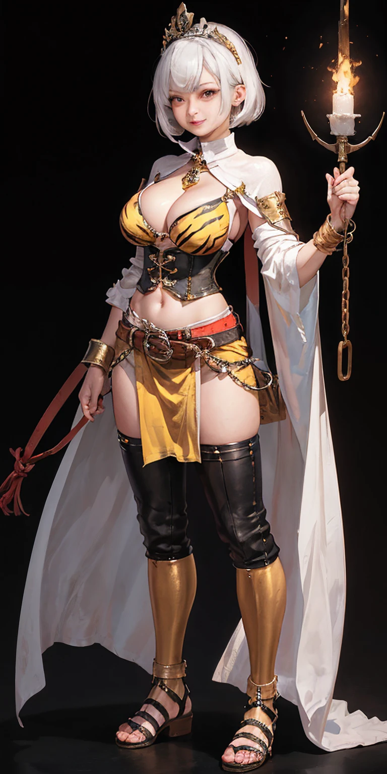 ((BLACK BACKGROUND 1:2, masterpiece)) 1solo female full body MILF BIMBO standing straight symmetrical with two long thighs and two metal sandals, 
red eyes like rubies, eye focus looking to the viewer, silver white hair, short bob style hair, 
big knockers breastplate, breastplate, cleavage, 
tiara royal, 
long cape up to two feet, 
yellow bikini (yellow tiger stripes), 
lustful smirking smiling, smile face (red blushed, red cheeks), 
pauldrons metal shoulders, gold sleeveless bracelets, separate sleeves, hands on waist hands OR hips, golden bracers, metal handcuffs, 
leather corset, red loincloth, 
black leather choker slave collar, shackles bracelets, 
slave red crest under navel, navel, big belt around waist OR hips,
feet together, metal ankle, two long thighs and two metal sandals