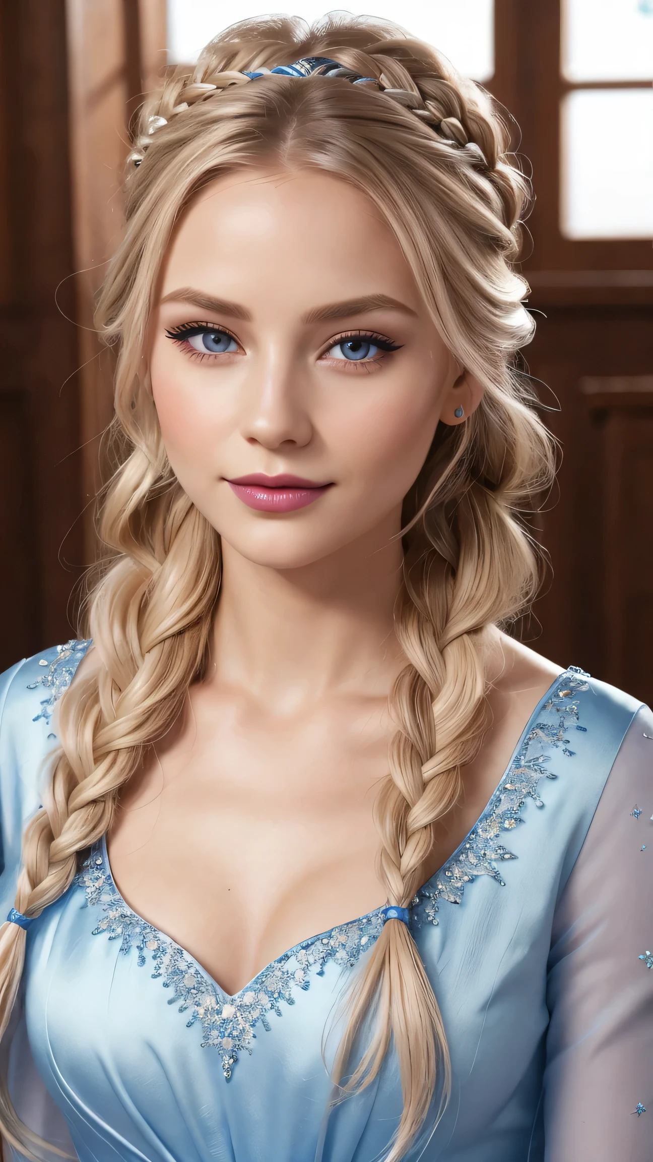 Elsa, Frozen, beautiful girl, beautiful face, hyper realistic, wavy light blonde hair in a braid,elsa hair style, blue icy dress, elegant dress, small diadem,small cleavage , small breasts, front shot of whole body, fan art, realistic Swedish girl, dark makeup, purple eyeshade, in arendal castle, beautiful smile, blush, eye shadow, mascara, blush on, eye makeup, lipstick, slim figure, cute face, small lips