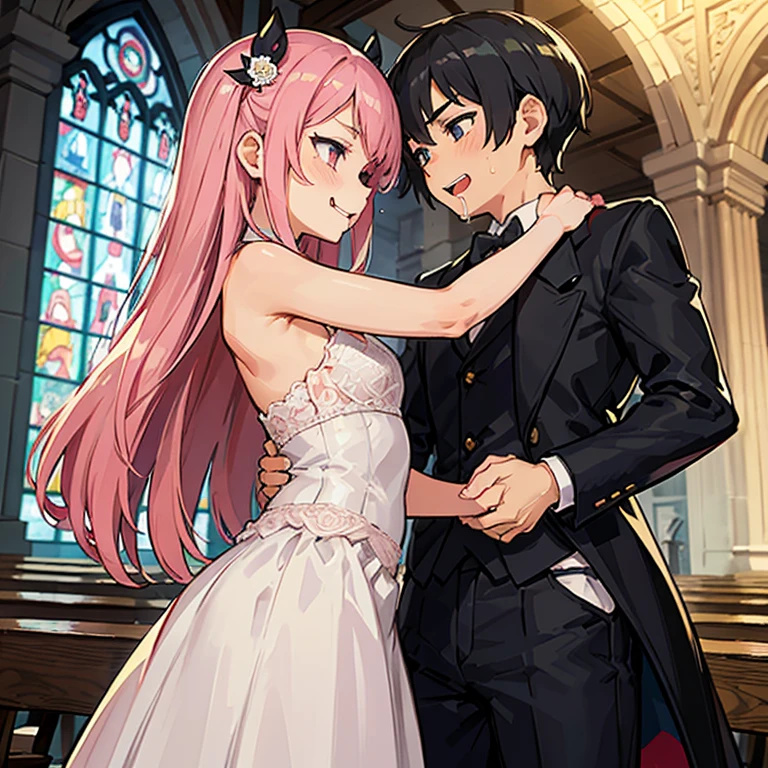 Girl with pink hair, long double-tailed hairstyle (small pink bushy eyebrows), dressed in gothic lolita clothes, lolicon (Zankuro) drawing style by zankuro artist, Zancro style, image uploaded to R34, (in a church full of people), flirtatious smile, suddenly having sex in public, ((flirty smile, drooling)) hands on belly,( begging for sex), wearing a wedding dress