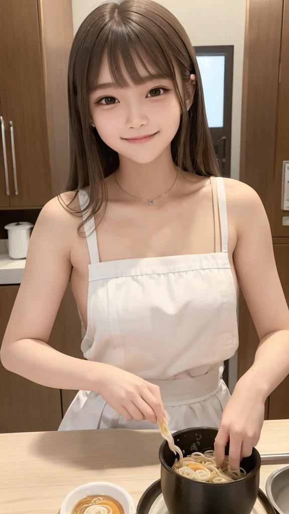 one girl, (a beauty girl, Delicate girl:1.3), (13 years old:1.3), break, (Cooking school kitchen:1.3), (Cook costume:1.3), (Eat cup ramen:1.4), perfectly trimmed fingers, break, Extremely fine grain resolution, (Symmetrical eyes:1.3), break, Small breasts, Brown eyes, Parted bangs, brown hair, girl, break, (Eye and facial details:1.0), (Get closer to the face, Zoom in on face, Face focus:1.0), break, (masterpiece, highest quality, Ultra-detailed, Detailed face, 8K),A smile that shows white teeth