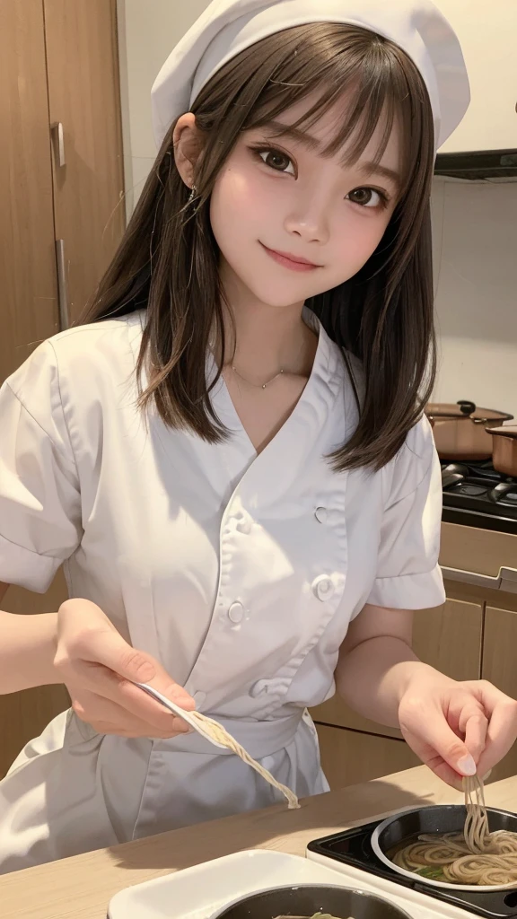 one girl, (a beauty girl, Delicate girl:1.3), (:1.3), break, (Cooking school kitchen:1.3), (Cook costume:1.3), (Eat cup ramen:1.4), perfectly trimmed fingers, break, Extremely fine grain resolution, (Symmetrical eyes:1.3), break, Small breasts, Brown eyes, Parted bangs, brown hair, girl, break, (Eye and facial details:1.0), (Get closer to the face, Zoom in on face, Face focus:1.0), break, (masterpiece, highest quality, Ultra-detailed, Detailed face, 8K),A smile that shows white teeth