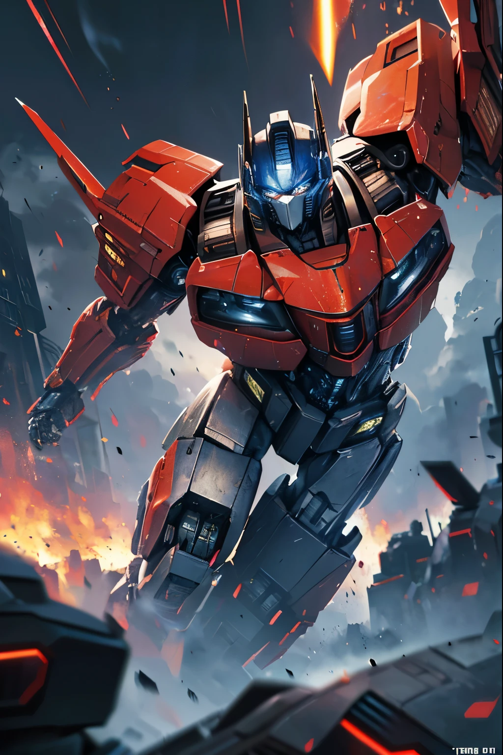 (best quality,4k,8k,highres,masterpiece:1.2),ultra-detailed,(realistic,photorealistic,photo-realistic:1.37),Transformers,Optimus Prime Fight,robotic warriors,battle scene,explosions,cybernetic beings,mecha combat,strong punches and kicks,metallic clash,lasers,dynamic action,futuristic technology,heroic fight,cityscape destruction,epic showdown,mechanical genius,movie-like intensity,powerful transformation,dramatic poses,vivid colors,motion blur,energetic composition,strong perspective,dark atmosphere,nighttime battle,stunning visual effects, intense battle cries, cinematic lighting, glistening metal surfaces, towering buildings, raging fires, sparks flying everywhere, riveting energy, epic battle music