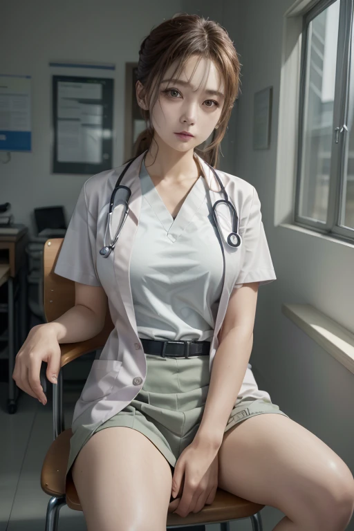 8k, Hmph, (Ultra-realistic:1.4),1 female, (so beautiful), (beauty:1.5), (doctor, uniform:1.3), (Doctor's White Coin:1.5), Plain Shirt, (Tight Skirt:1.3 ), Sitting on a chair in the examininion room, (Stethoscope), evil grin, lipstick, whole bodyキャプチャ, whole body, Legs wide open, Spread your legs, Looking in camera, Fine grain, Beautiful breasts:1.4),(detailed facial feinures), (extremely intricine, 精巧に細部まin作り込まれた), (Film Grain, Fujifilm XT3), highly detailed eyes and face, 美しいFine grain, chignon , Light on the face, cineminic lighting ((Looking_in_another)), One girl, 一人in,Examination room