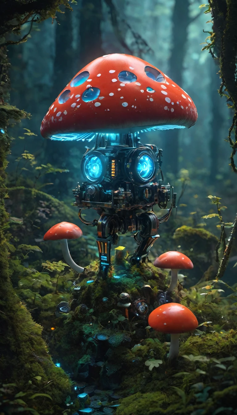 Bioluminescent Mushroom Robot, , Detailed robot with glowing mushrooms, Vibrant colors, Ultra-realistic lighting, Super detailed mushrooms, Realistic design, Complex Components, enchanted magical forest setting, Covered with moss的肢体, Covered with moss, Mechanical gears, Ethereal atmosphere