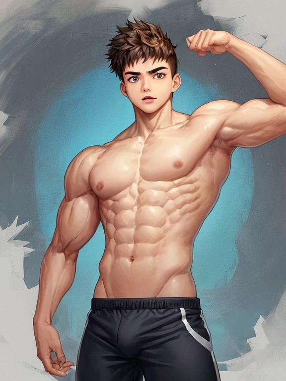 A -yeld boith strong and large pectorals, very masculine and thin, fine childlike features.