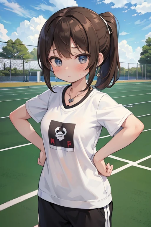 Masterpiece, high resolution, high quality, intricate details, anime girl, full body portrait, front view, 36 year old woman, attractive woman, mature face, mature beauty, brown hair, short ponytail, blue eyes, athletic body, medium breasts, curvy hips, arrogant smile, ((Wearing: White Gym T-shirt, Black Gym sweat pants, whistle necklace and black tennis shoes)), standing, hands on hips, looking at viewer, (Background: outdoors, middle school track field, blue sky, clouds in the sky), 