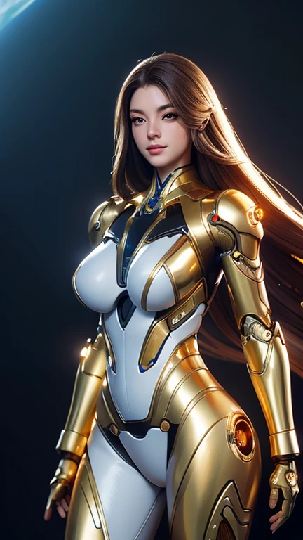 medium long body shot of beautiful cyborg girl in shiny gold armor suit, flowing hair ,beautiful cyborg girl pinup, cute cyborg girl, hyperrealistic fantasy art, beautiful white girl cyborg, broken beautiful female android, sci-fi fantasy art, detailed sci-fi art, Atmosphere sci-fi movies background