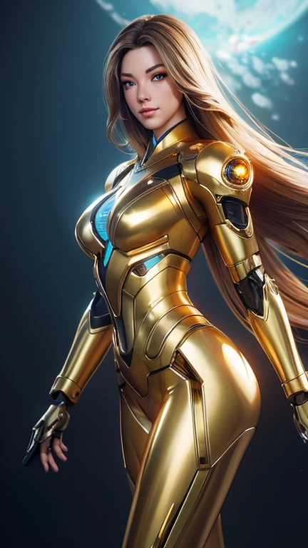 medium long body shot of beautiful cyborg girl in shiny gold armor suit, flowing hair ,beautiful cyborg girl pinup, cute cyborg girl, hyperrealistic fantasy art,  beautiful white girl cyborg, broken beautiful female android, sci-fi fantasy art, detailed sci-fi art, Atmosphere sci-fi movies background