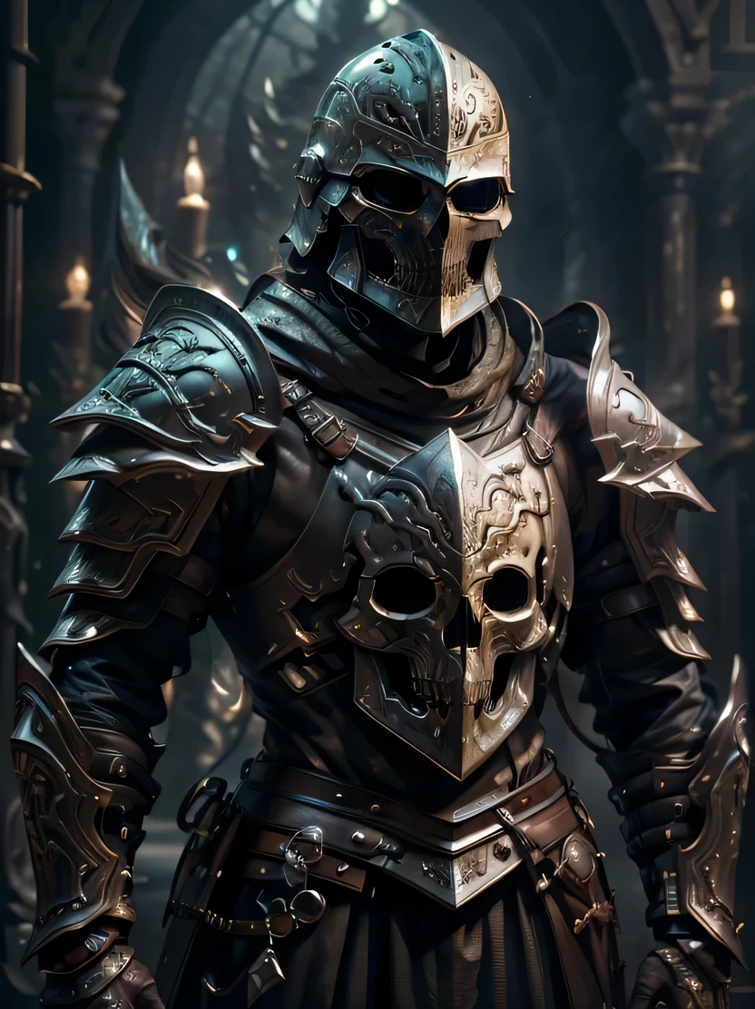 cinematic portrait of a god of death, intricate symmetrical ancient-inspired futuristic armour suit, minimalist and simple skull helmet armour, detailed ornate cape, detailed sickle weapon, inspiried by god of war armour design, dark moody lighting, dramatic shadows, detailed textures, highly detailed