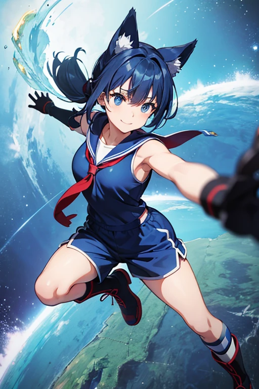 Anime Art、Space SF fighter、Full body portrait、A woman with dog ears, about 24 years old, about 160cm tall, wearing a blue sailor suit and shorts, running、Medium length, dark blue hair up to the shoulders、Blue Eyes、Smiling、gloves、sports boots