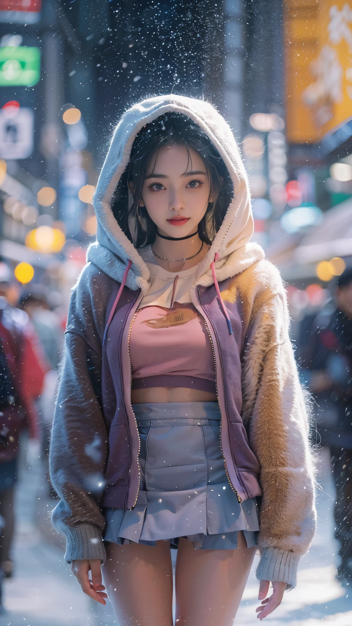 ((8K)),Film photography, 1 girl, (Hoodie:1.2), (short skirt), upper legs, navel,necklace, Earrings, Seductive smile, Medium breast, full bodyesbian, drunk blush:1.5, black wavy shoulder-length hair, serene, calm, (Realistic detailed eyes, Natural skin texture, Realistic face details), Soft dramatic lighting, Depth of field, Bokeh, vibrant detail, finely detailed, Hyperrealistic,20yr old, ((skirt lift by yourself)), (Skirt lift), (Panties , panty focus), Blush, parted lip, view the viewer ,(Clear eyes,Clear nose,Clear lips,Fair skin) ,(Tokyo streets ,Falling snow),