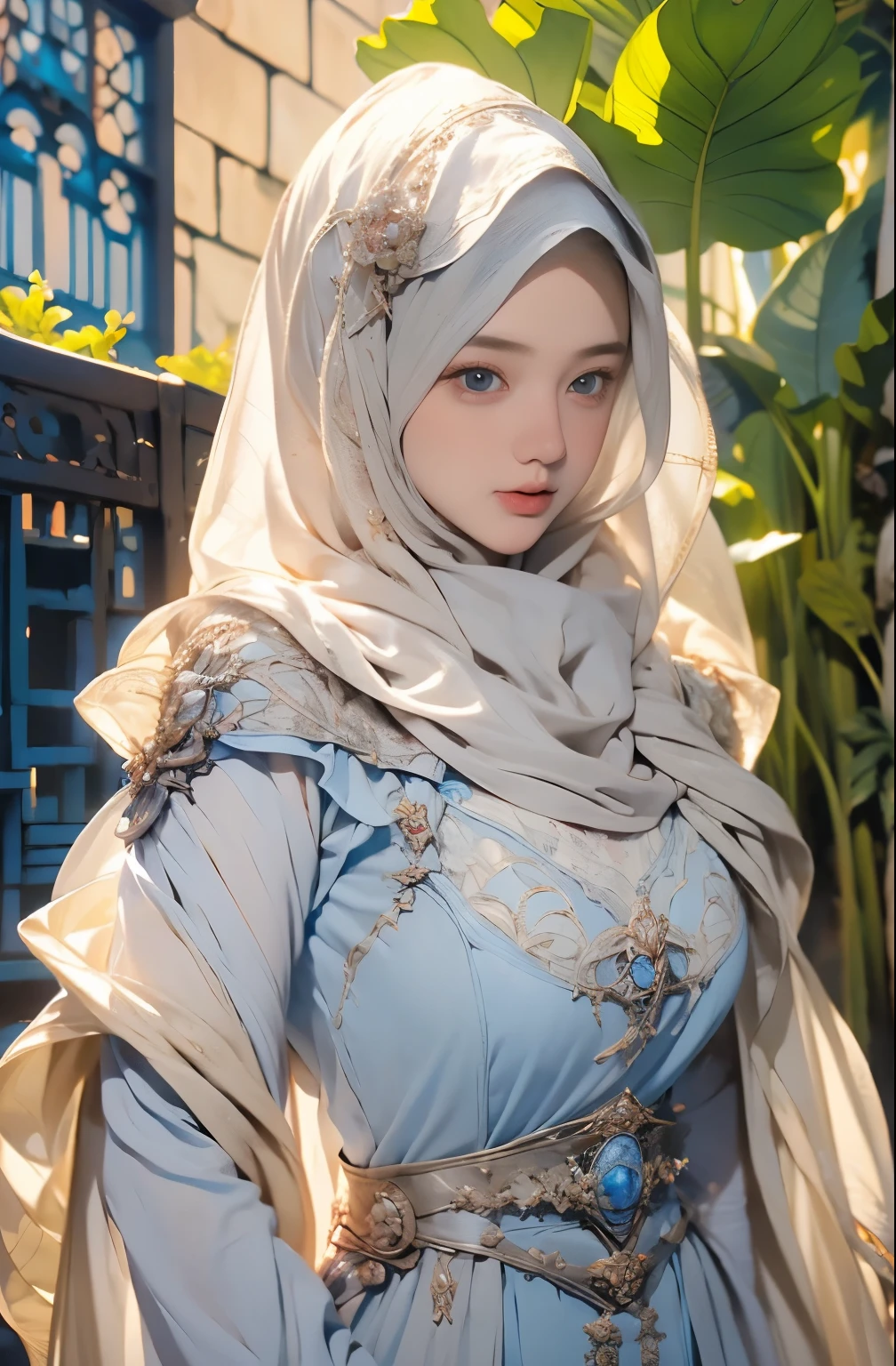 wearing a hijab  , blue eye, blond hair, around , (golden silver hijab), tmasterpiece，Best quality at best，A high resolution，8K，((Portrait))，(upper body)，Original photo，real photograph，digital photography，(Female princess in the medieval fantasy style)，(Medieval princess in fantasy style), sexy princess ，blue eye， super colossal brest, round colossal breast extravagant ornament，cparted lips，Keep your mouth shuegant and charming，((Blushing))，virgin contempt，Calm and handsome，(Medieval fantasy dress，The Beautiful super huge round breast, small waist, perfect colossal breast of princess body, a blue delicate pattern，red Cloak)，(princes medieval character medieval fantasy style，oc render reflection texture, sexy style,  sexy colossal breast , medieval castle background, slim body, very small waist, 