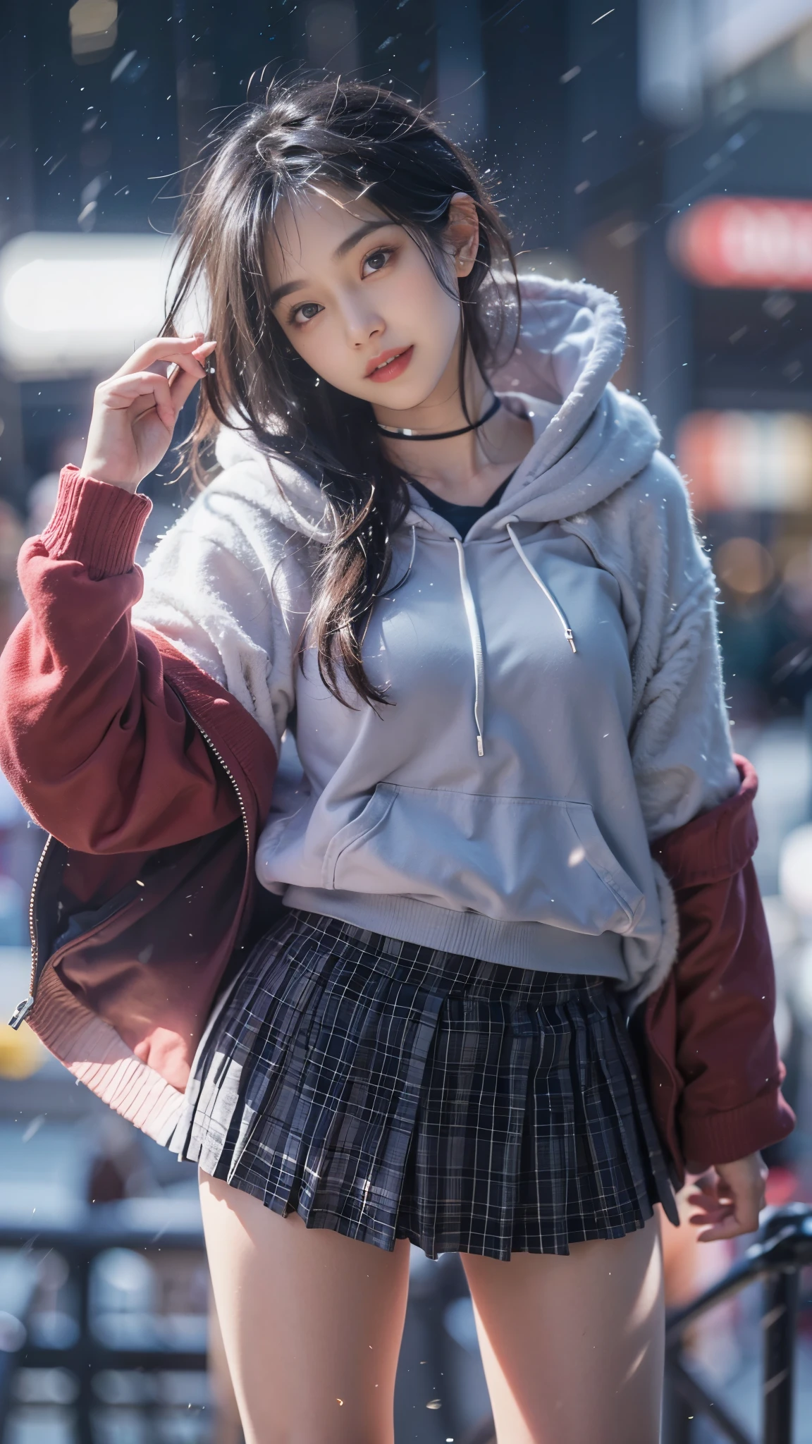 ((8K)),Film photography, 1 girl, (hoody:1.2), (short skirt),upper legs, navel,choker necklace, ear nipple ring, Vibrant smile, middlebreast, Full body lesbian, drunk blush:1.5, Black shoulder length wavy hair, serene, chill out, (Realistic and detailed eyes, Natural skin texture, Realistic face details), Soft dramatic lighting, depth of fields, bokeh, vibrant detail, meticuloso, hyper realisitc,20yr old,((shirt lift )), (skirt lift), ( , focal), face flushed, Open your lips, view the viewer ,(Clear eyes,Clear nose,Transparent lip skin),Semi-body shot , Wear a hooded jacket ,(Tokyo streets ,Falling snow),