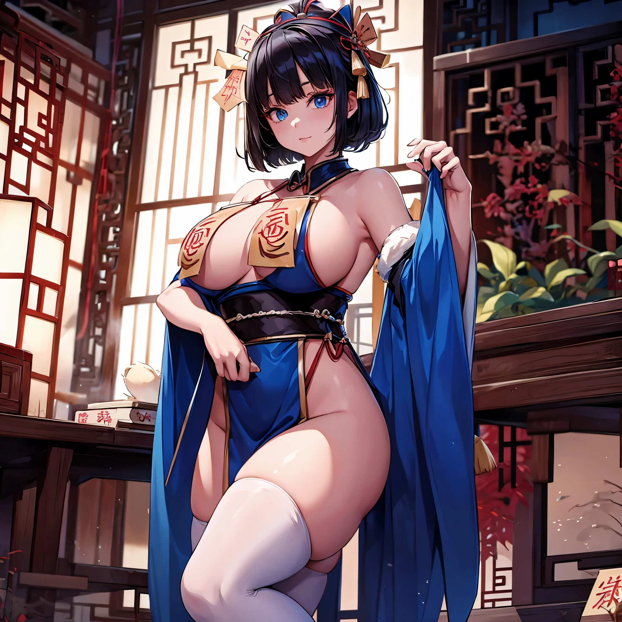 A woman in green Japanese attire, with a long white fur cape, with Chinese talisman, with Chinese theme, in a traditional Chinese palace, short black hair, white bangs, blue eyes, large breasts.HDR, ultra resolution, well defined, masterpiece, 8K HD (woman solo )