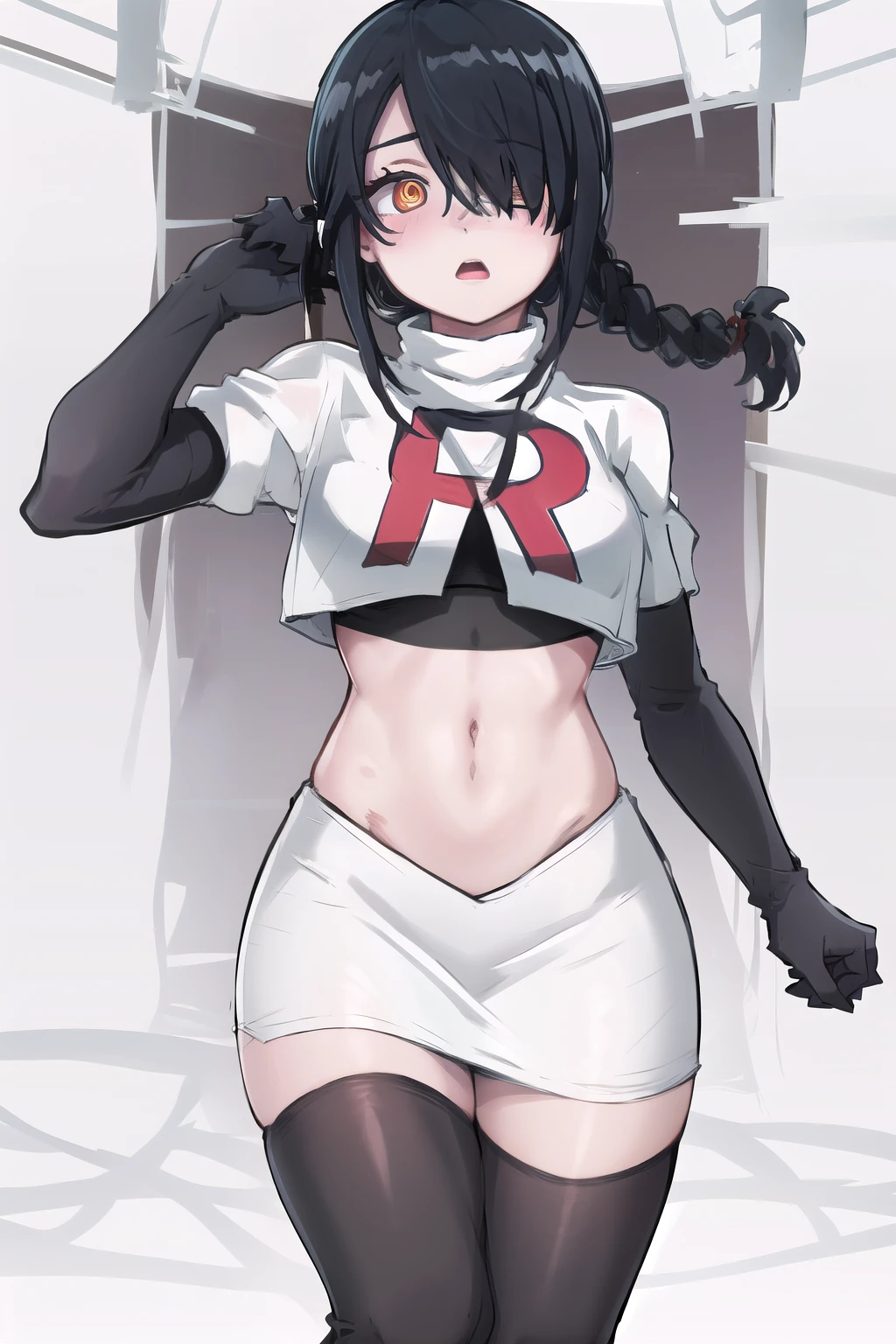 nayuta, ringed eyes, red eyes, single braid, (hair over one eye), black hair, looking at viewer, :o, blush, simple background, team rocket,team rocket uniform,white skirt,red letter R,crop top,black thigh-highs,black elbow gloves