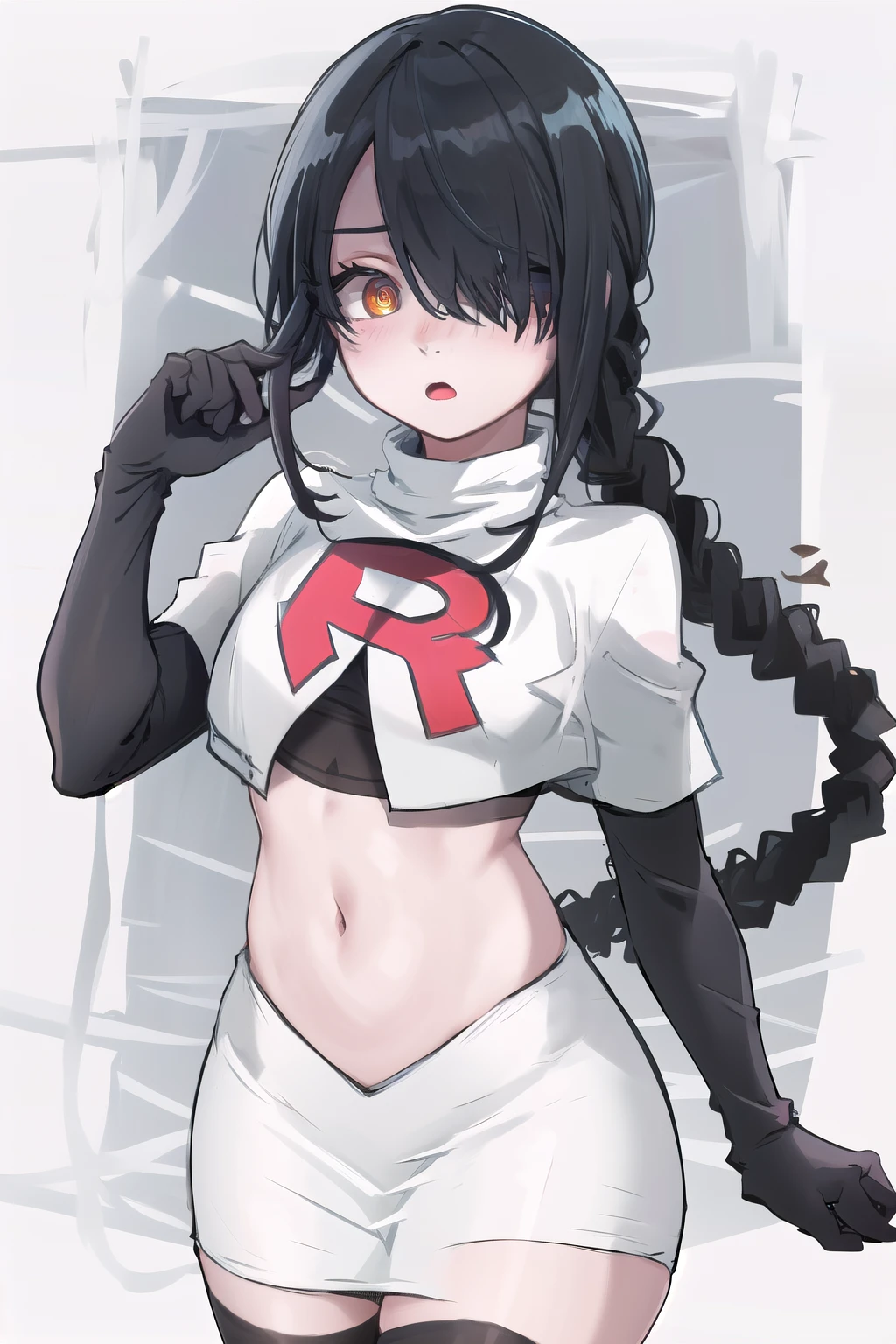 nayuta, ringed eyes, red eyes, single braid, (hair over one eye), black hair, looking at viewer, :o, blush, simple background, team rocket,team rocket uniform,white skirt,red letter R,crop top,black thigh-highs,black elbow gloves