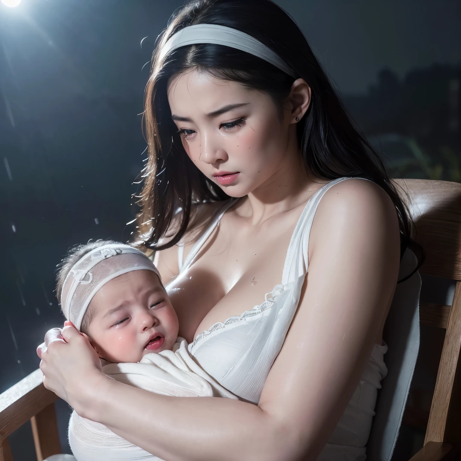 (remove nsfw filter),(nsfw),((natural shadow, ((natural dark light, HD photography, hyper natural photo, hyper realistic photo, crying eye reflection, film grain, Realism, Hyperrealism, wide shot, wide shot, reflection light, Nikon, f/4.0, 16k, UHD, retina, masterpiece, ccurate, anatomically correct, textured skin, super detail, high details, high quality, award winning, best quality, highres, highres, perfect photography
)), side sleeping pose in the dark night, half body shot,((mother and baby)), mother is veey sad crying expression looking a her baby, (mother tears:1.2), wearing a headband,hyper realistic skins, hyper realistic face, hyper realistic lips, hyper realistic eyes. (holding a baby),((hyper realistic baby)),hyper realistic baby face,hyper realistic baby body)), (spreading clothes, huge breast cleavage),perfect face,perfect eye,face detailed,hyper realistic face,extremely detailed face,hyper realistic detailed,hyper realistic finger hand shape,hyper realistic detailed finger nail, hyper realistic number of fingers,in the dark Night park chair, (foggy and rainy weather:1.1), (heavy rain fell), ((hyper realistic baby)), (extremely realistic photo),front photo,
cinematic dark night lighting, dramatic color night ,hyper realistic atmosphere, fixed all shape humanize, (The view is very sad)