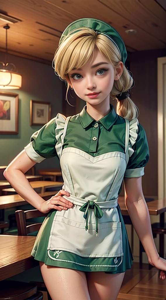 ((best quality)), ((highly detailed)), masterpiece, (detailed eyes, deep eyes), (1girl), dynamic angle, cowboy shot, mlpapplejack, woman, smile, looking at viewer, ((long blonde hair)), ((green eyes)), ((side swept bangs)), ((low tied ponytail)), (((waitress uniform))), cleavage, (indoor diner), light green skirt, apron, short skirt, collared shirtwoman, sexy, rosy cheeks, medium breasts, realistic proportions, (((unlacing bodice))), unbuttoned white blouse, holding a plate, (((apron))), short puffy sleeves, headband, hand on hip, low cut blouse, showing panties