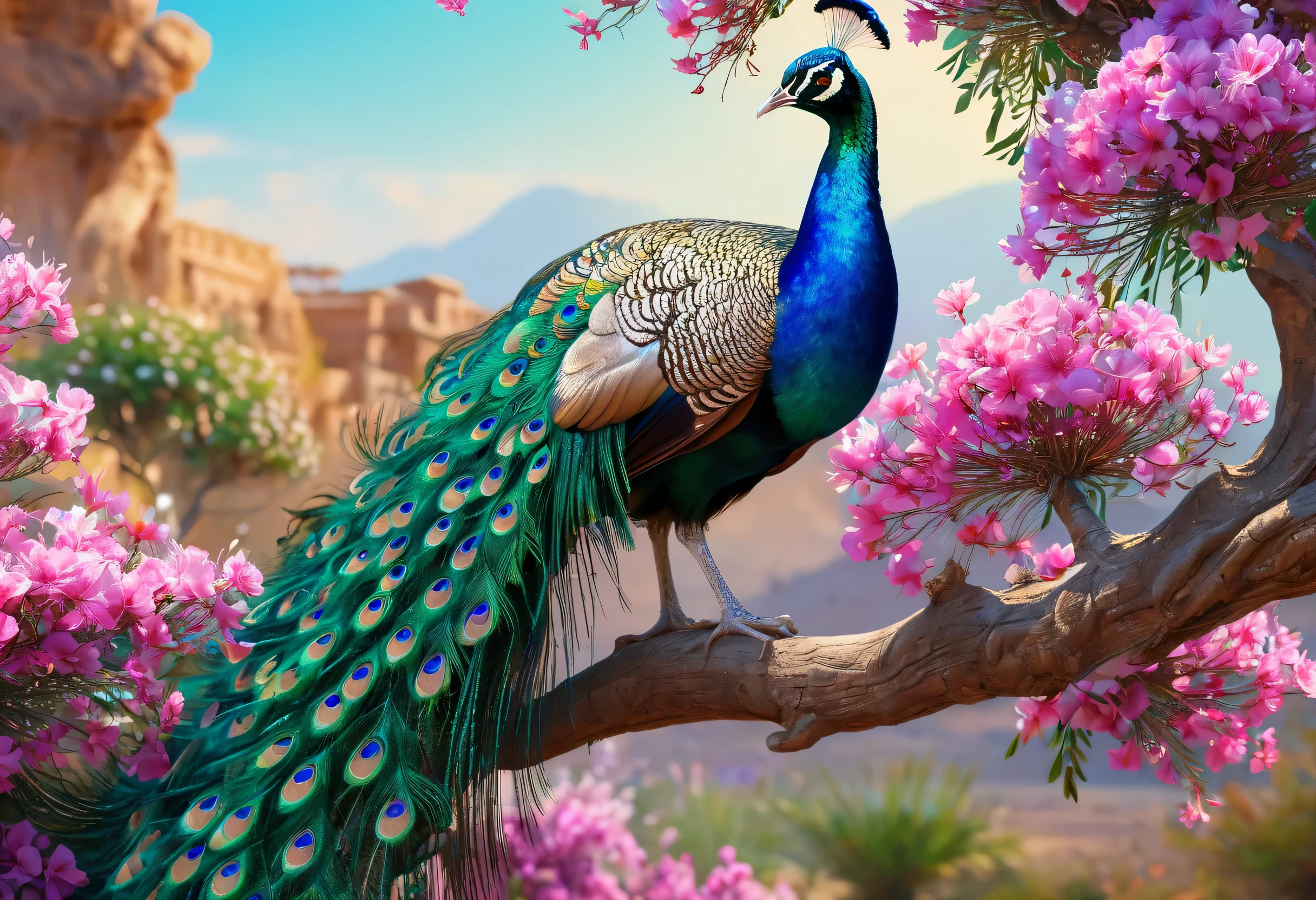 Peacock standing on a tree branch with flowers in the background, Beautiful digital artwork, 8k high quality detailed art, Peacock, Beautiful Animals Queen of Pearls, Peacock in the desert, Peacock colors, Colorful concept art, beautiful avatar pictures, Beautiful digital art, Colorful 8 k, 8K Highly Detailed Art, very Beautiful digital art