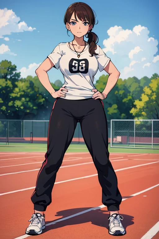 Masterpiece, high resolution, high quality, intricate details, anime girl, full body portrait, front view, 36 year old woman, attractive woman, mature face, mature beauty, brown hair, short ponytail, blue eyes, athletic body, medium breasts, curvy hips, arrogant smile, ((Wearing: White Gym T-shirt, Black Gym sweat pants, whistle necklace and black tennis shoes)), standing, hands on hips, looking at viewer, (Background: outdoors, middle school track field, blue sky, clouds in the sky),