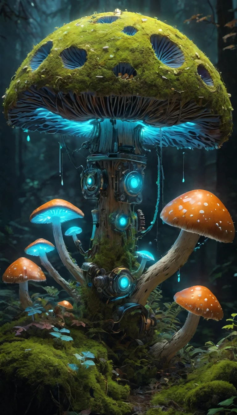 Bioluminescent Mushroom Robot, , Details of glowing mushrooms, Vibrant colors, Ultra-realistic lighting, Super detailed mushrooms, Realistic design, Complex Components, enchanted magical forest setting, Covered with moss的肢体, Covered with moss, Mechanical gears, Ethereal atmosphere