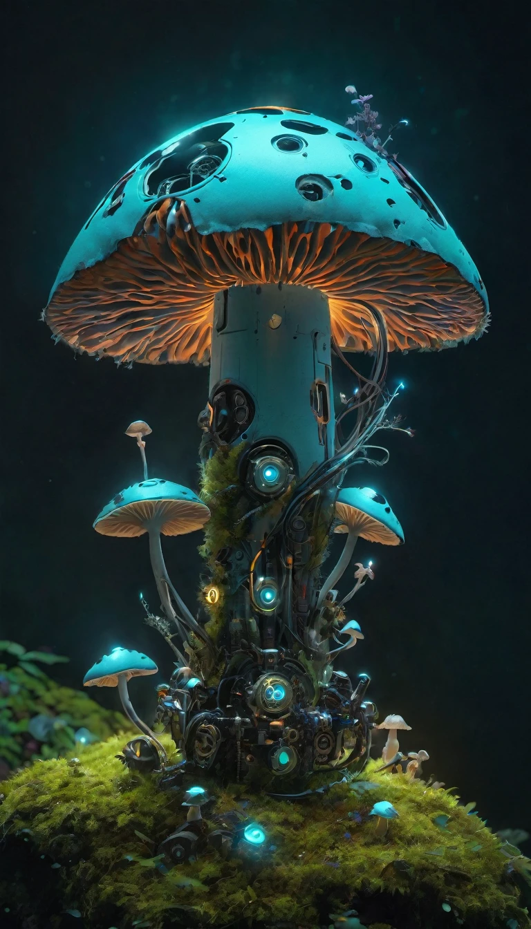 Bioluminescent Mushroom Robot, , Details of glowing mushrooms, Vibrant colors, Ultra-realistic lighting, Super detailed mushrooms, Realistic design, Complex Components, enchanted magical forest setting, Covered with moss的肢体, Covered with moss, Mechanical gears, Ethereal atmosphere
