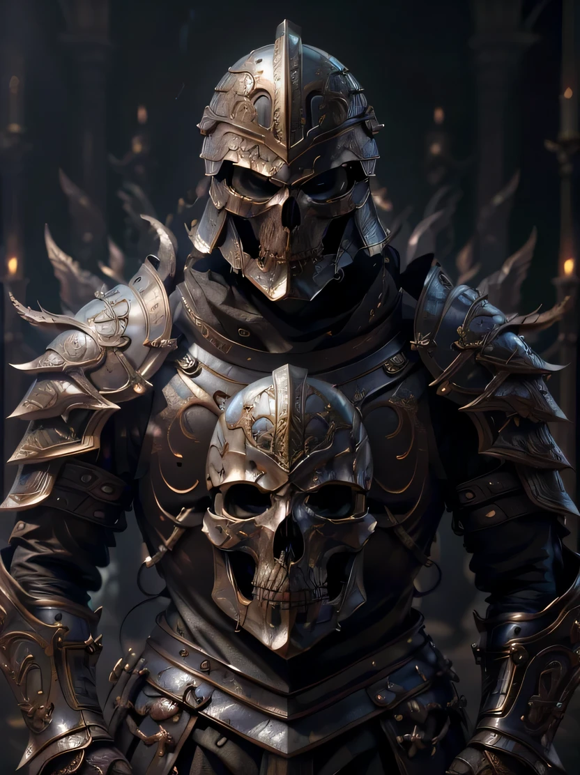 ((masterpiece、highest quality、Genuine、Very detailed、High resolution、Sharp focus、Photorealistic、Cinematic lighting))、Baroque、((One man、Skinhead))、Roman armour of the Middle Ages、worn armor、Full-face helmet、Skull-shaped helmet、Warriors、middle ages、Dynamic Action、Combat Stance、Detailed hand drawing、medieval armor、skull