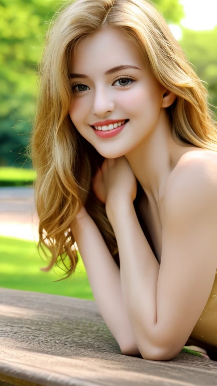 Tabletop, highest quality, figure, Very detailed, In detail, High resolution, 8k wallpaper, Perfect dynamic composition, Beautiful fine details, Women's Fashion Summer,Marron beige hair, Slightly larger, Natural color lip, Bold sexy pose, smile, Inside the park, 20-year-old girl, cute, sexy shot looking at camera,