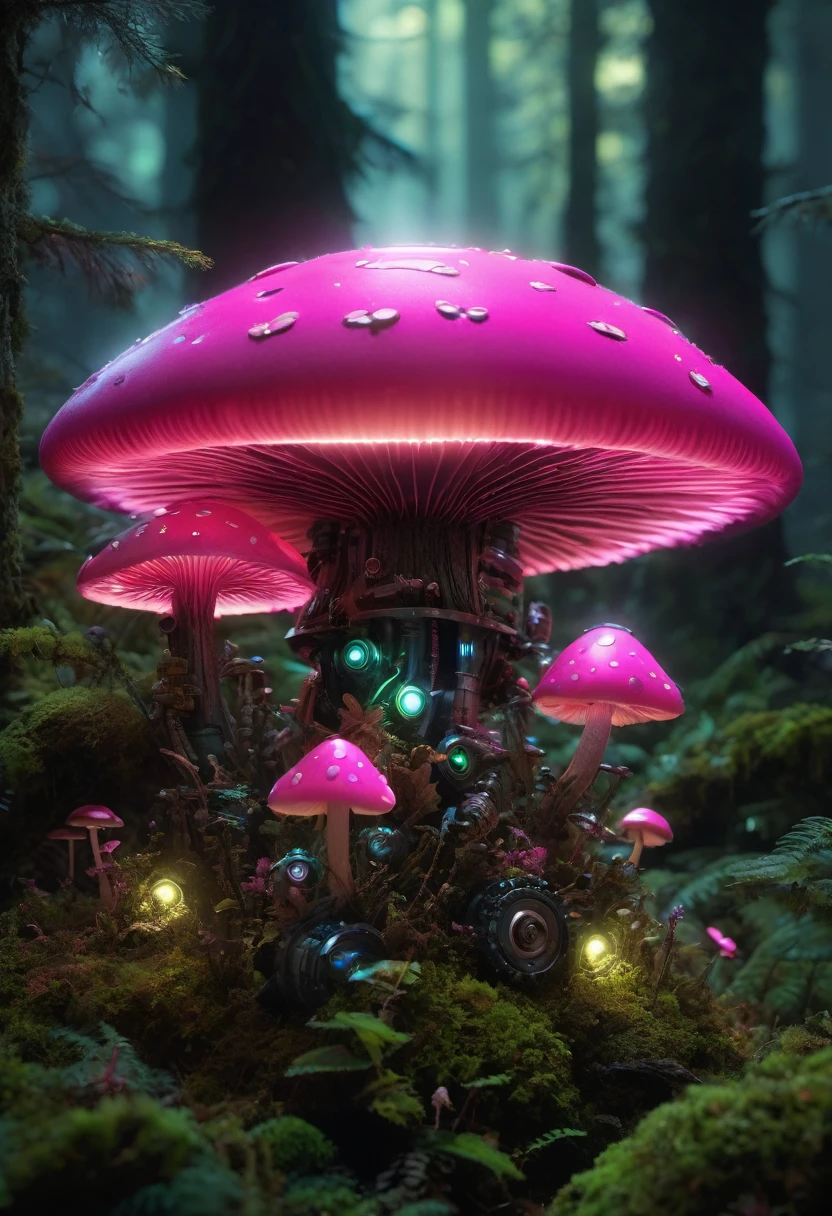 Bioluminescent Mushroom Robot, Detailed robot with glowing mushrooms, Bright pink color, Hyper-realistic lighting, Super detailed mushrooms, Practical robot design, Complex robotic components, Enchanted forest setting, Mossy limbs, Mossy appearance, Mechanical gears, Ethereal atmosphere。(best quality,high resolution,masterpiece:1.2),Super detailed,(Practical:1.37).