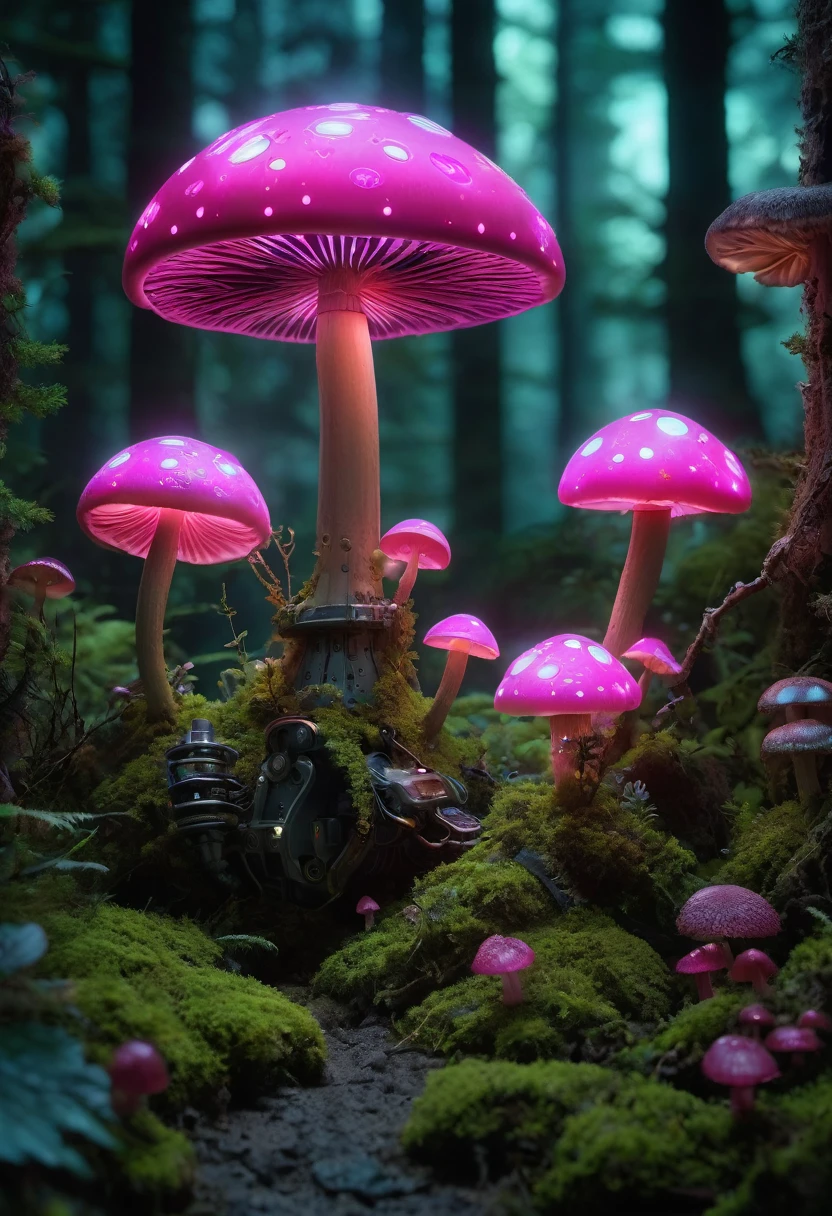 Bioluminescent Mushroom Robot, Detailed robot with glowing mushrooms, Bright pink color, Hyper-realistic lighting, Super detailed mushrooms, Practical robot design, Complex robotic components, Enchanted forest setting, Mossy limbs, Mossy appearance, Mechanical gears, Ethereal atmosphere。(best quality,high resolution,masterpiece:1.2),Super detailed,(Practical:1.37).
