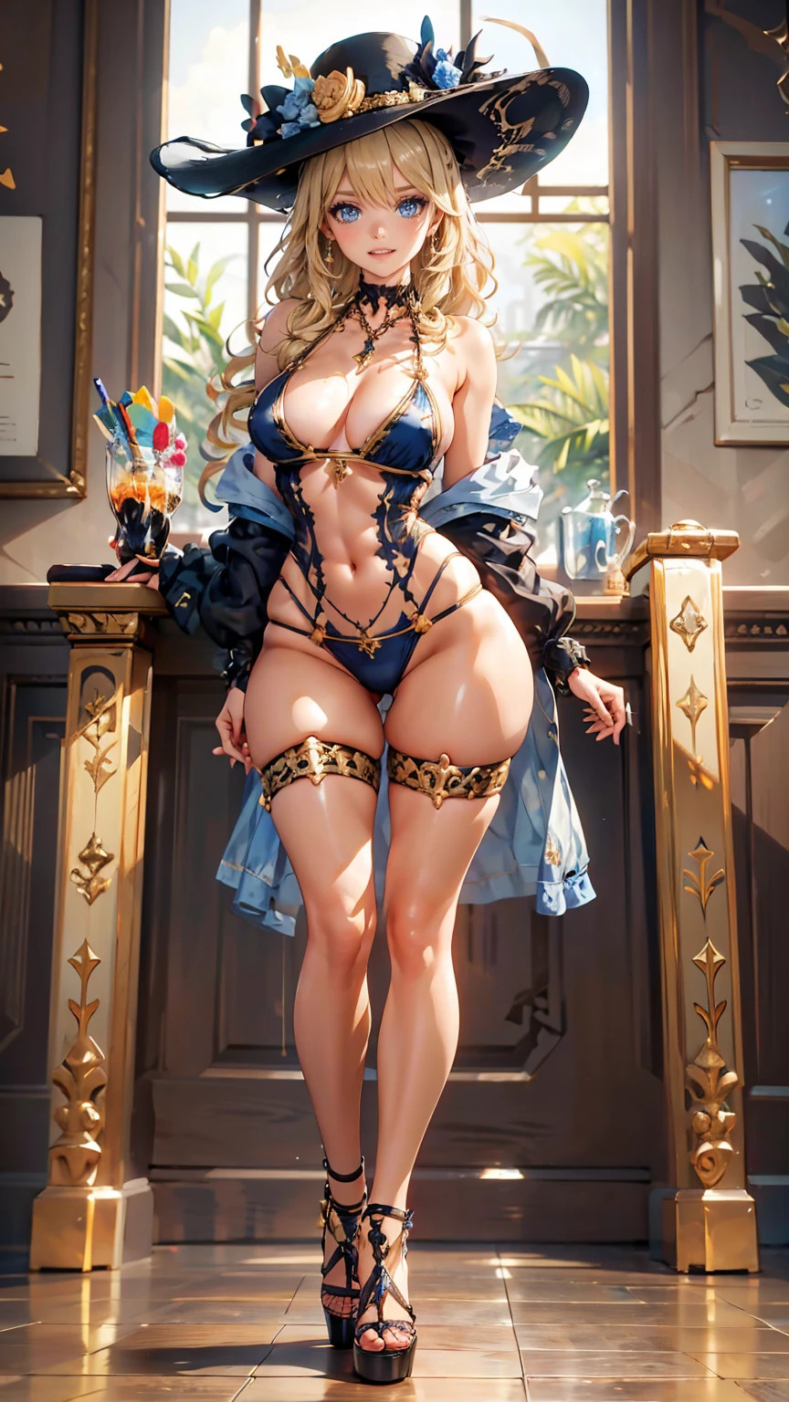 ((masterpiece, high resolution, better quality, better details)), (anime), one woman on the beach standing, ((toothy smile)), ((royal blue micro bikini with gold and black details)), ((thong bikini)), cleavage, platform high heels, black neck choker, large straw hat, light blonde hair, long hair, shiny skin, blue eyes, ((curvy body)), pose seductive, full body, front view, beach landscape,