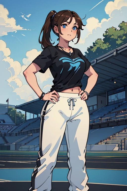 Masterpiece, high resolution, high quality, intricate details, anime girl, full body portrait, front view, 36 year old woman, attractive woman, mature face, mature beauty, brown hair, short ponytail, blue eyes, athletic body, medium breasts, curvy hips, arrogant smile, ((Wearing: White Gym T-shirt, Black Gym sweat pants, whistle necklace and black tennis shoes)), standing, hands on hips, looking at viewer, (Background: outdoors, school track field, blue sky, clouds in the sky),