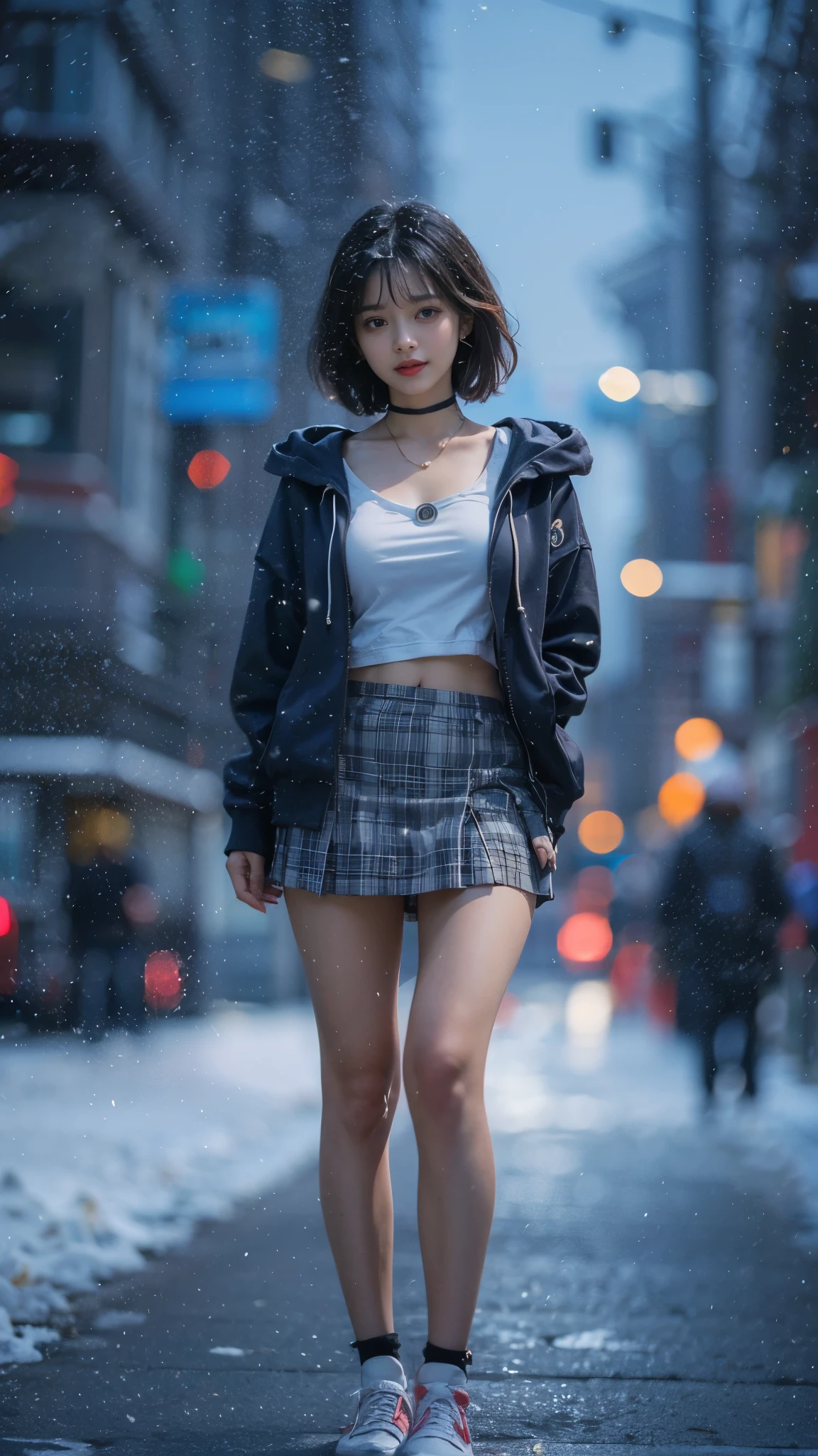 ((8K))，Film photography, 1 girl, (hoody:1.2), (short  skirt),upper legs, navel，choker necklace, ear nipple ring, Vibrant smile, middlebreast, Full body lesbian, drunk blush:1.5, Black shoulder length wavy hair, serene, chill out, (Realistic and detailed eyes, Natural skin texture, Realistic face details), Soft dramatic lighting, depth of fields, bokeh, vibrant detail, meticuloso, hyper realisitc，20yr old,((shirt lift )), (skirt lift), ( , focal), face flushed, Open your lips, view the viewer ,(Clear  eyes，Clear nose，Transparent lip skin)，Semi-body shot , Wear a hooded jacket ,(Tokyo streets ,Falling snow)，