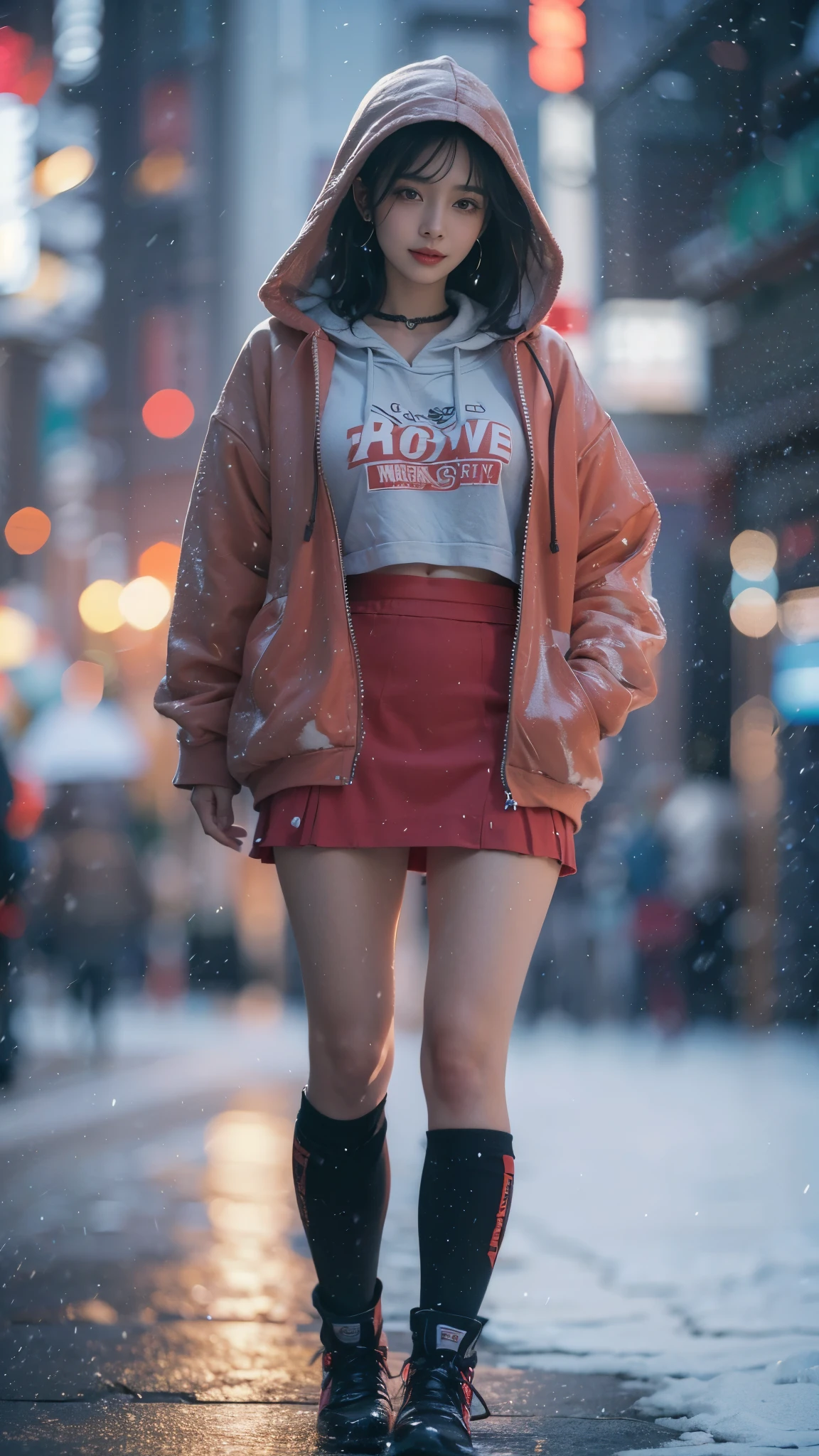 ((8K)),Film photography, 1 girl, (hoody:1.2), (short skirt),upper legs, navel,choker necklace, ear nipple ring, Vibrant smile, middlebreast, Full body lesbian, drunk blush:1.5, Black shoulder length wavy hair, serene, chill out, (Realistic and detailed eyes, Natural skin texture, Realistic face details), Soft dramatic lighting, depth of fields, bokeh, vibrant detail, meticuloso, hyper realisitc,20yr old,((shirt lift )), (skirt lift), ( , focal), face flushed, Open your lips, view the viewer ,(Clear eyes,Clear nose,Transparent lip skin),Semi-body shot , Wear a hooded jacket ,(Tokyo streets ,Falling snow),